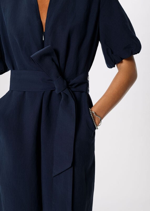 Navy Linen Blend Tie Waist Jumpsuit