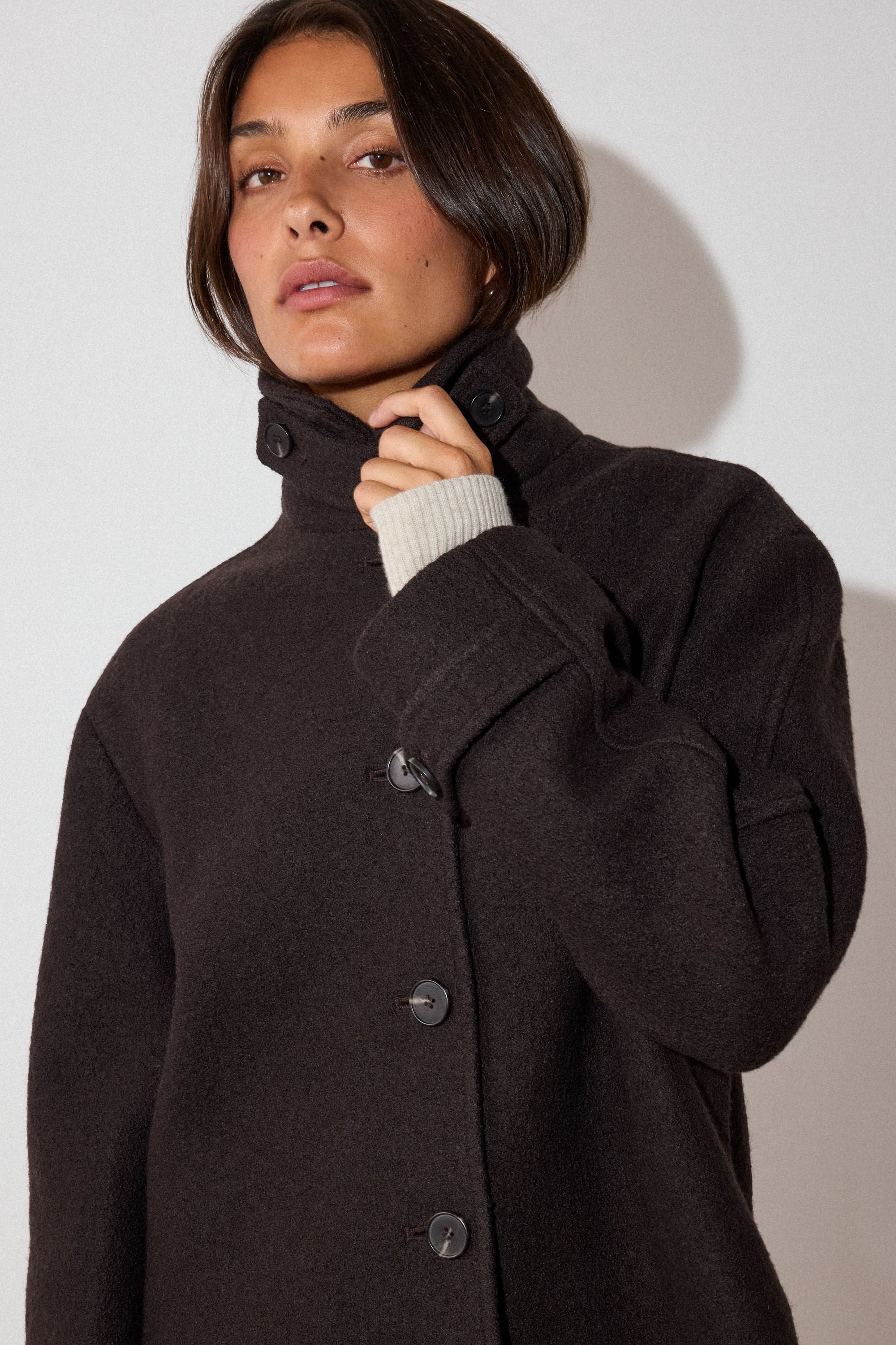 Brown Short Textured Wool Coat | WHISTLES | Whistles US |