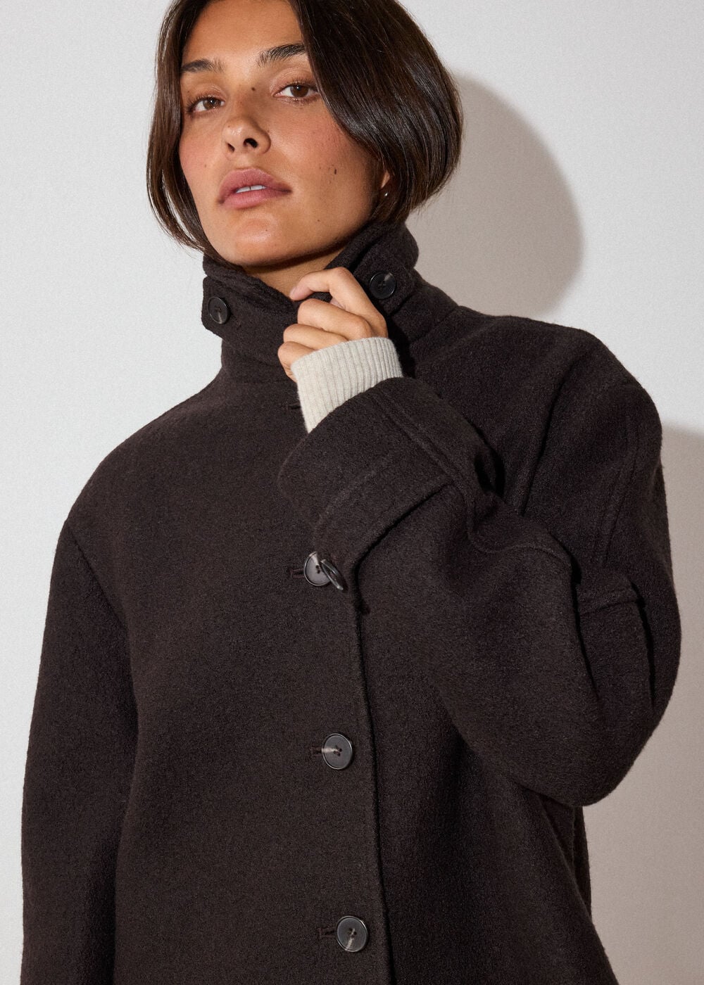 Brown Short Textured Wool Coat