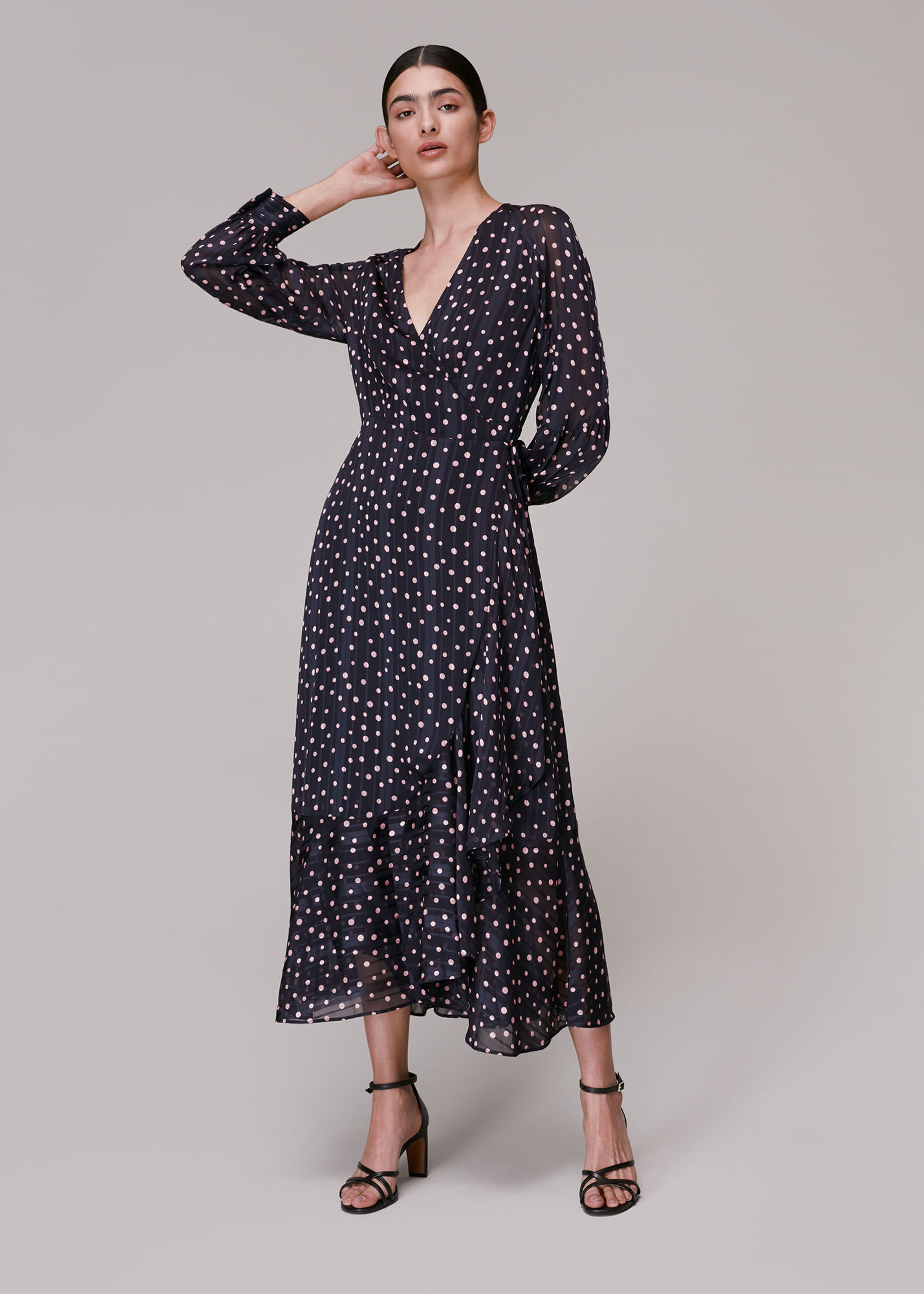 Blue Satin Stripe Spot Wrap Dress