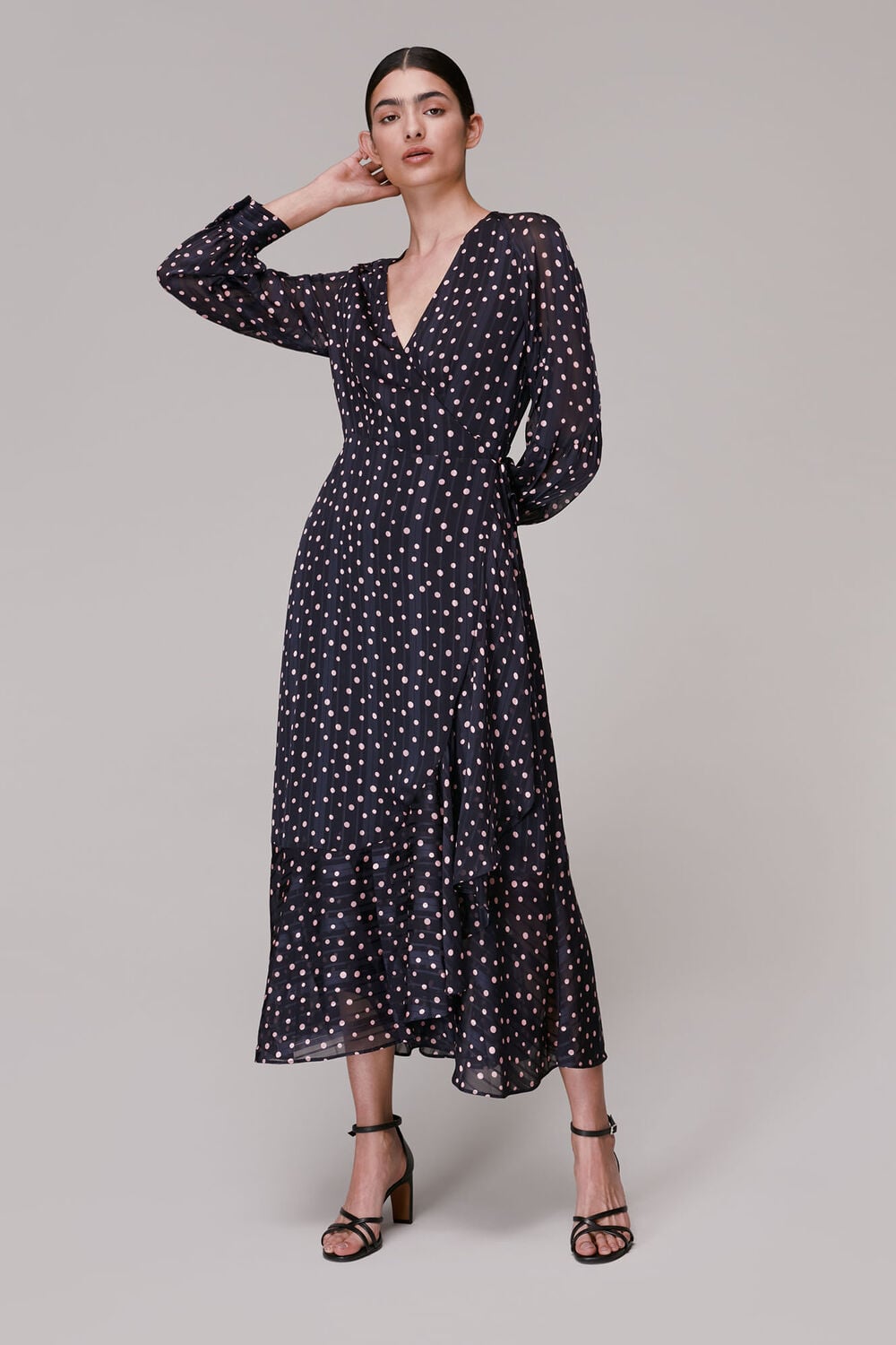 Blue Satin Stripe Spot Wrap Dress