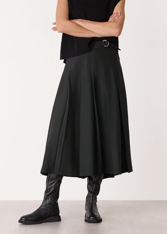 Black Wool Blend Pleated Kilt Skirt