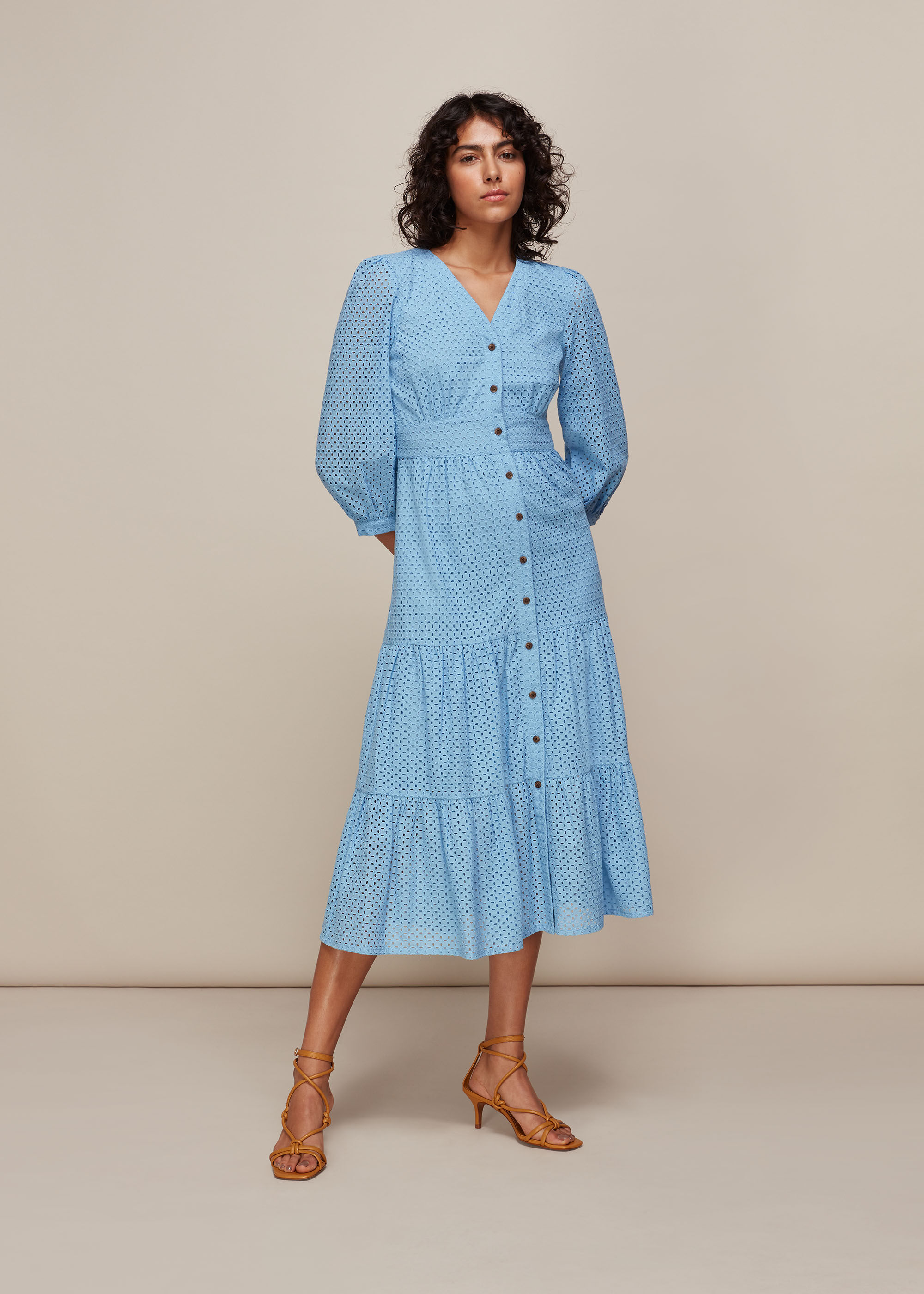 Pale Blue Sara Midi Broderie Dress ...