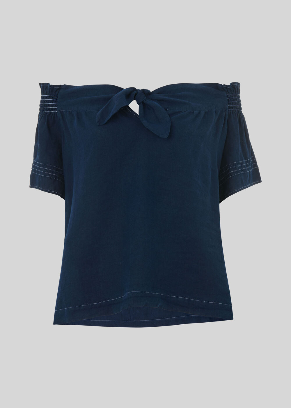 Tie Front Bardot Linen Top Navy