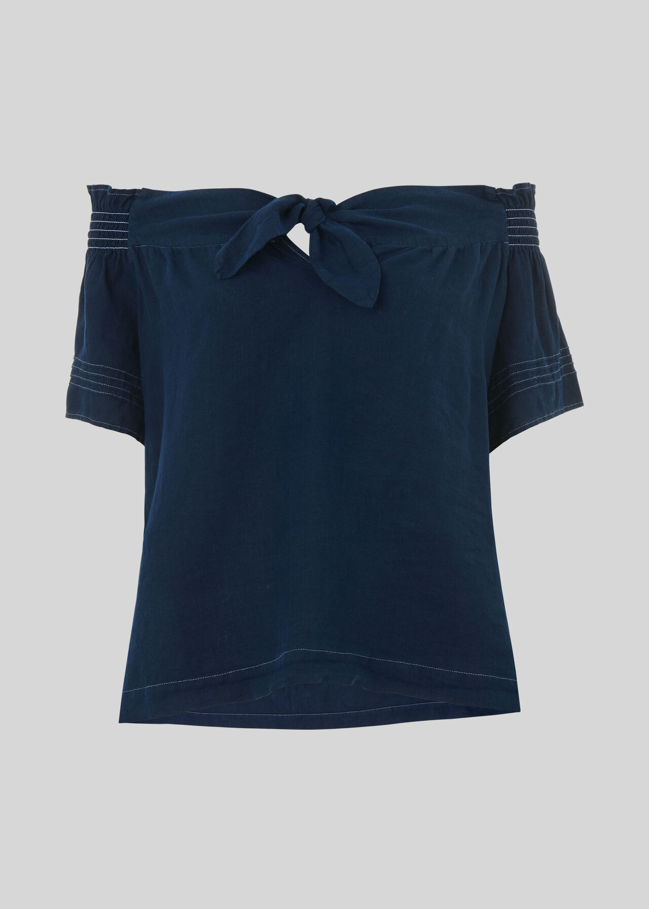 Tie Front Bardot Linen Top Navy