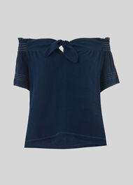 Tie Front Bardot Linen Top Navy