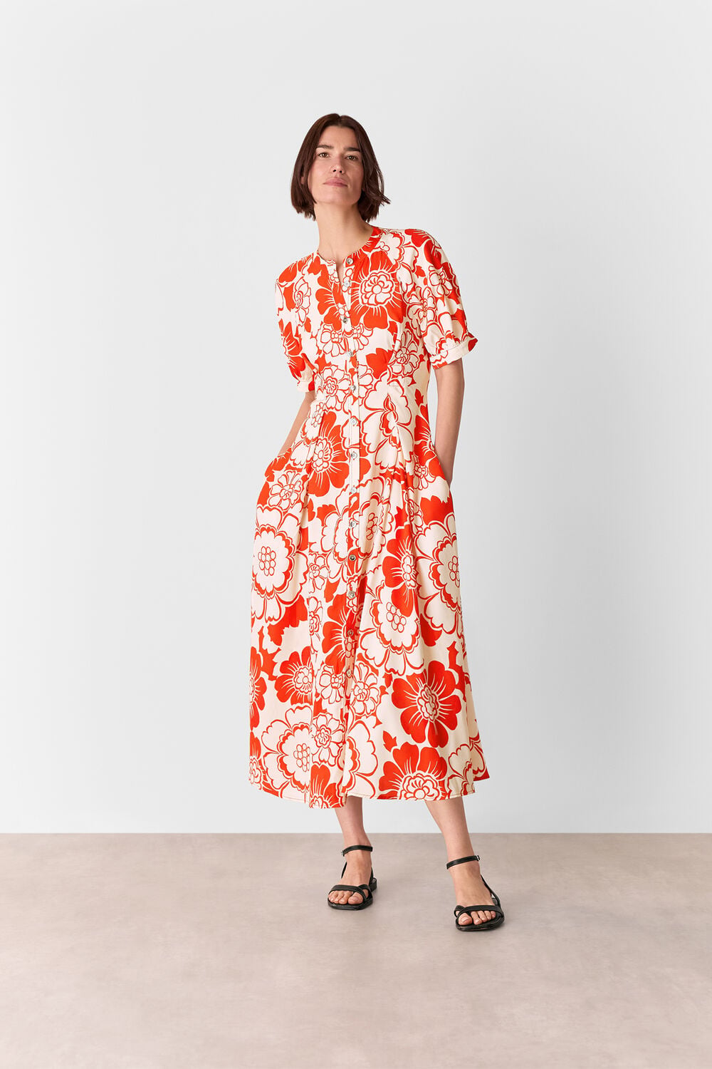 Red Bloom Floral Midi Dress