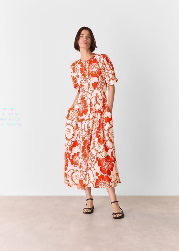 Red Bloom Floral Midi Dress