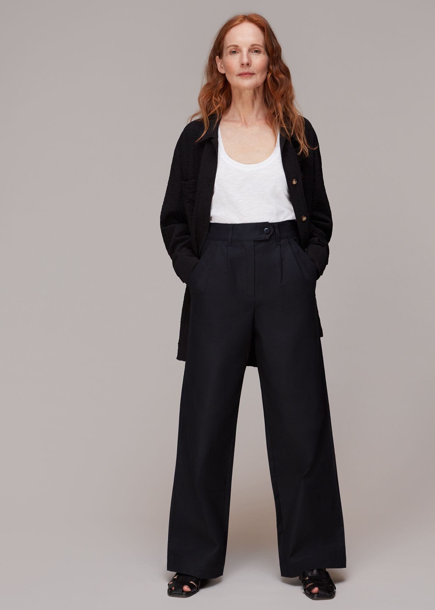 Slacks and Chinos Straight-leg trousers Whistles Leather Courtney Check Trouser in Black Womens Clothing Trousers 