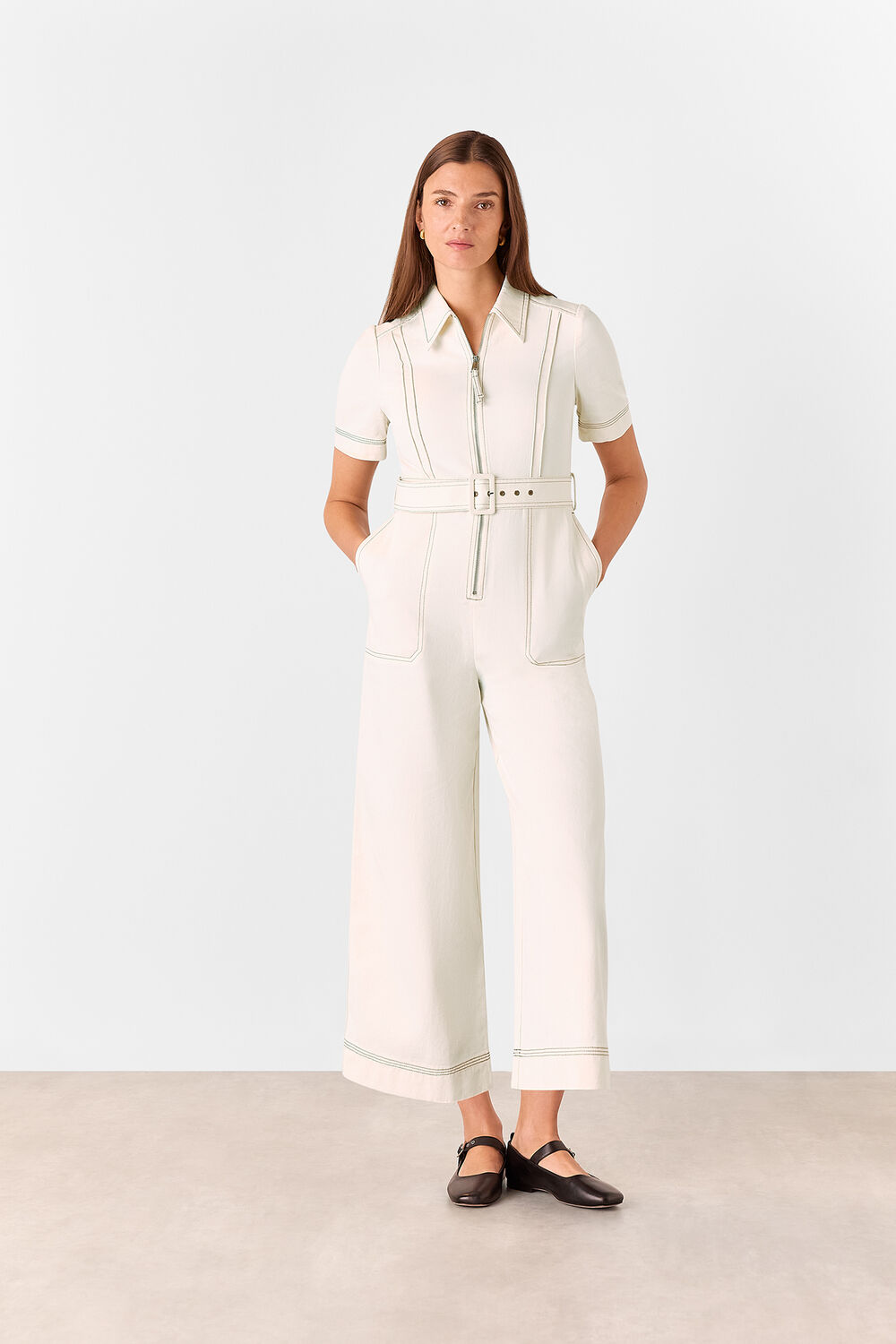 Denim Pintuck Belted Jumpsuit