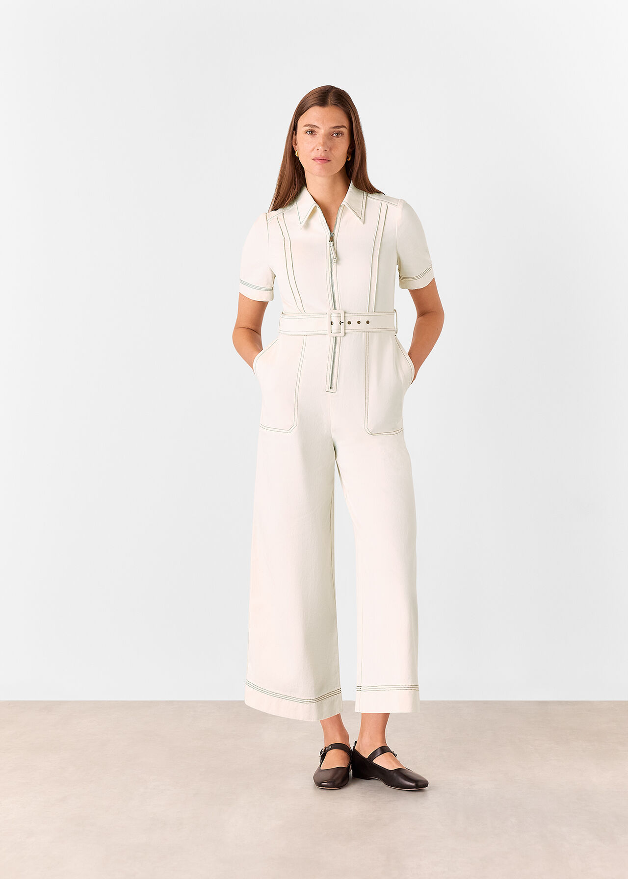Denim Pintuck Belted Jumpsuit
