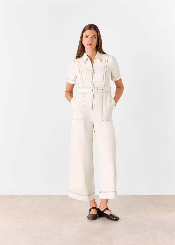 Denim Pintuck Belted Jumpsuit