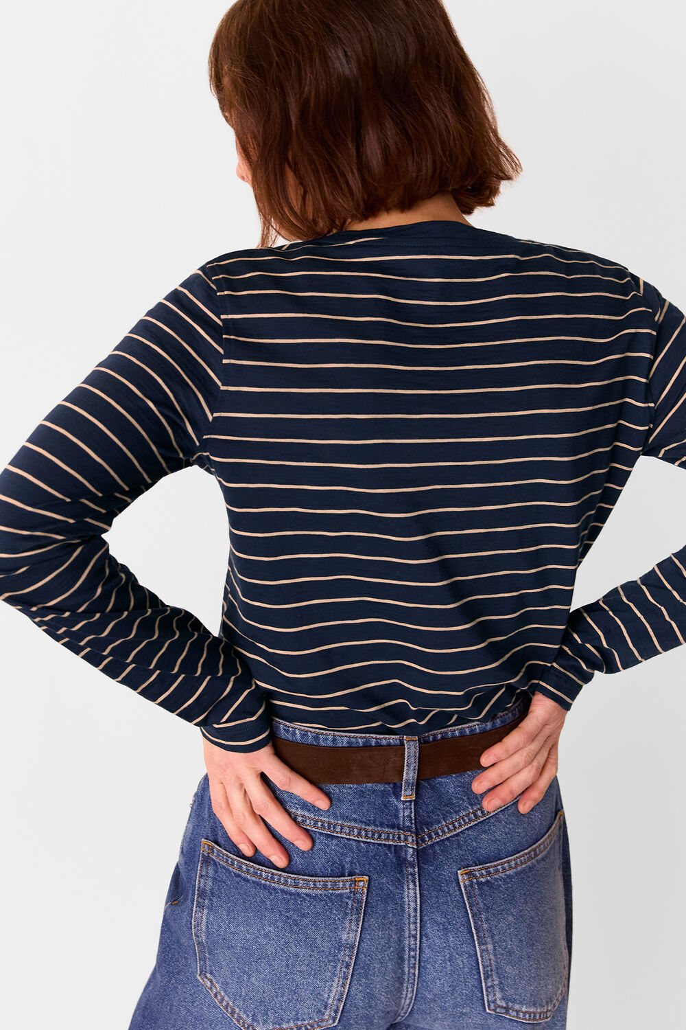 Crew Neck Stripe Pocket Top