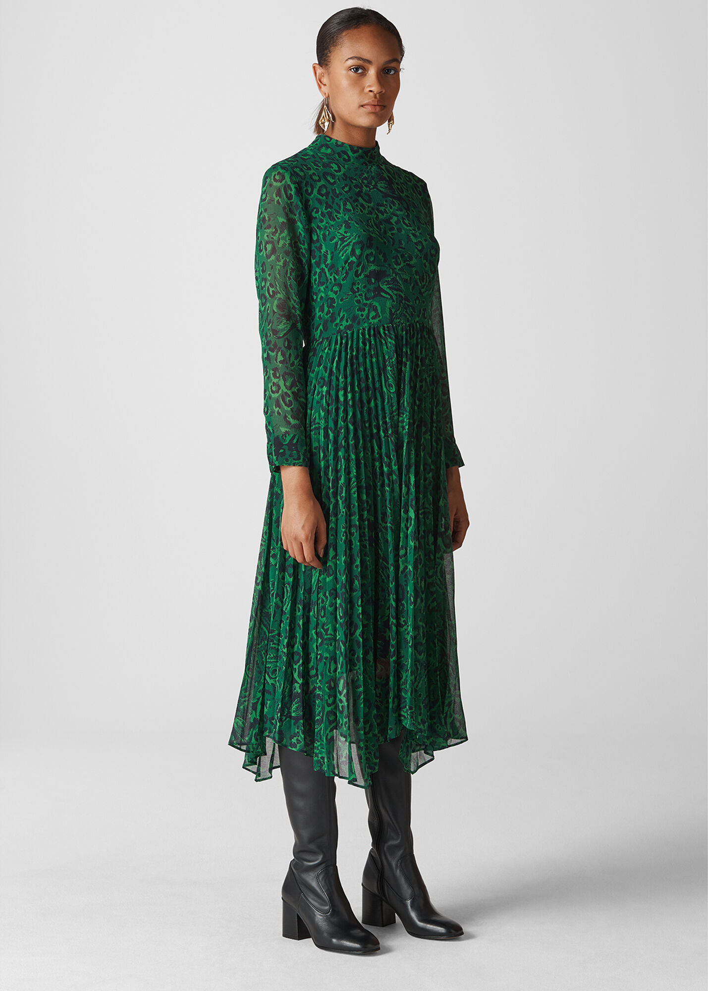 Green Multi Jungle Cat Pleated Dress WHISTLES Whistles UK