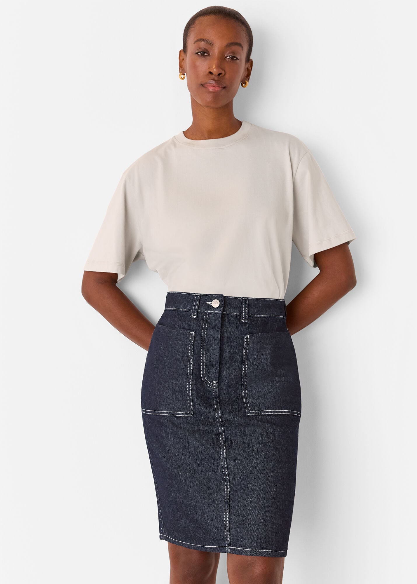 Dark Denim Contrast Stitch Midi Skirt | WHISTLES | Whistles US |