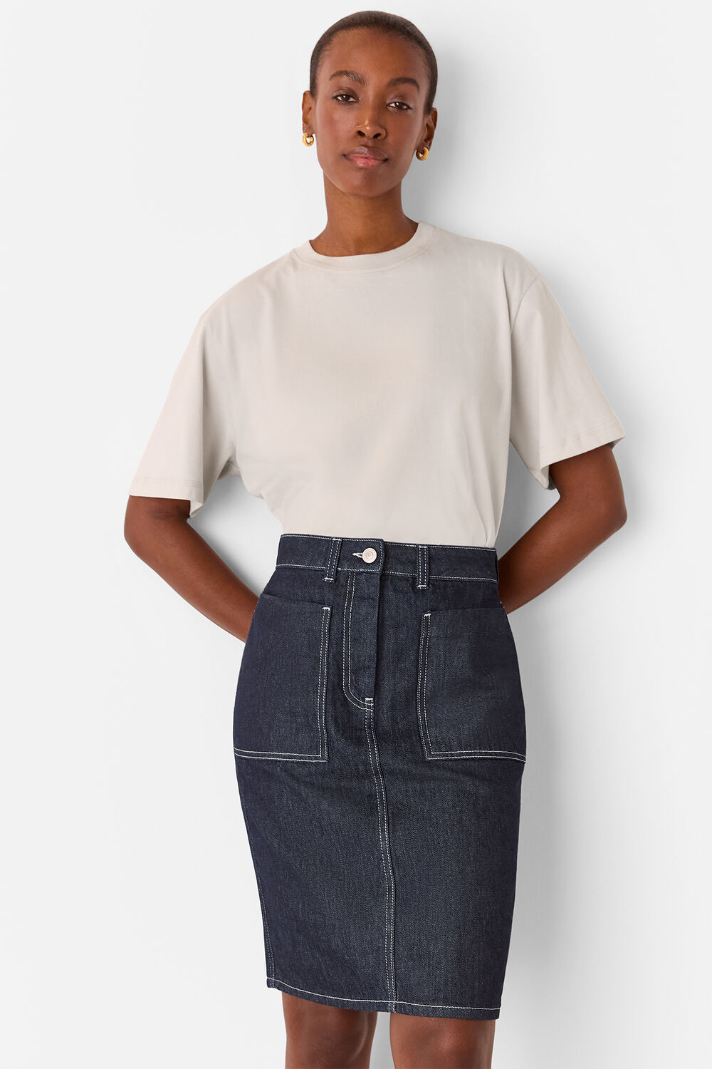 Dark Denim Contrast Stitch Midi Skirt
