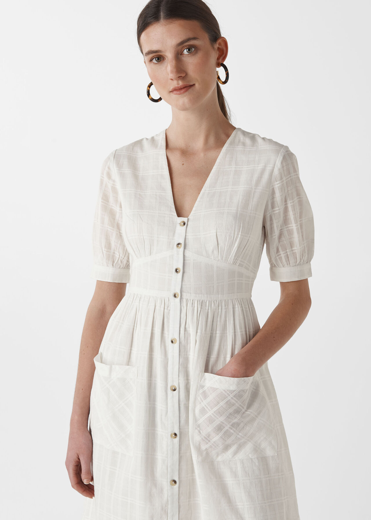 Check Button Through Dress Ivory/Multi