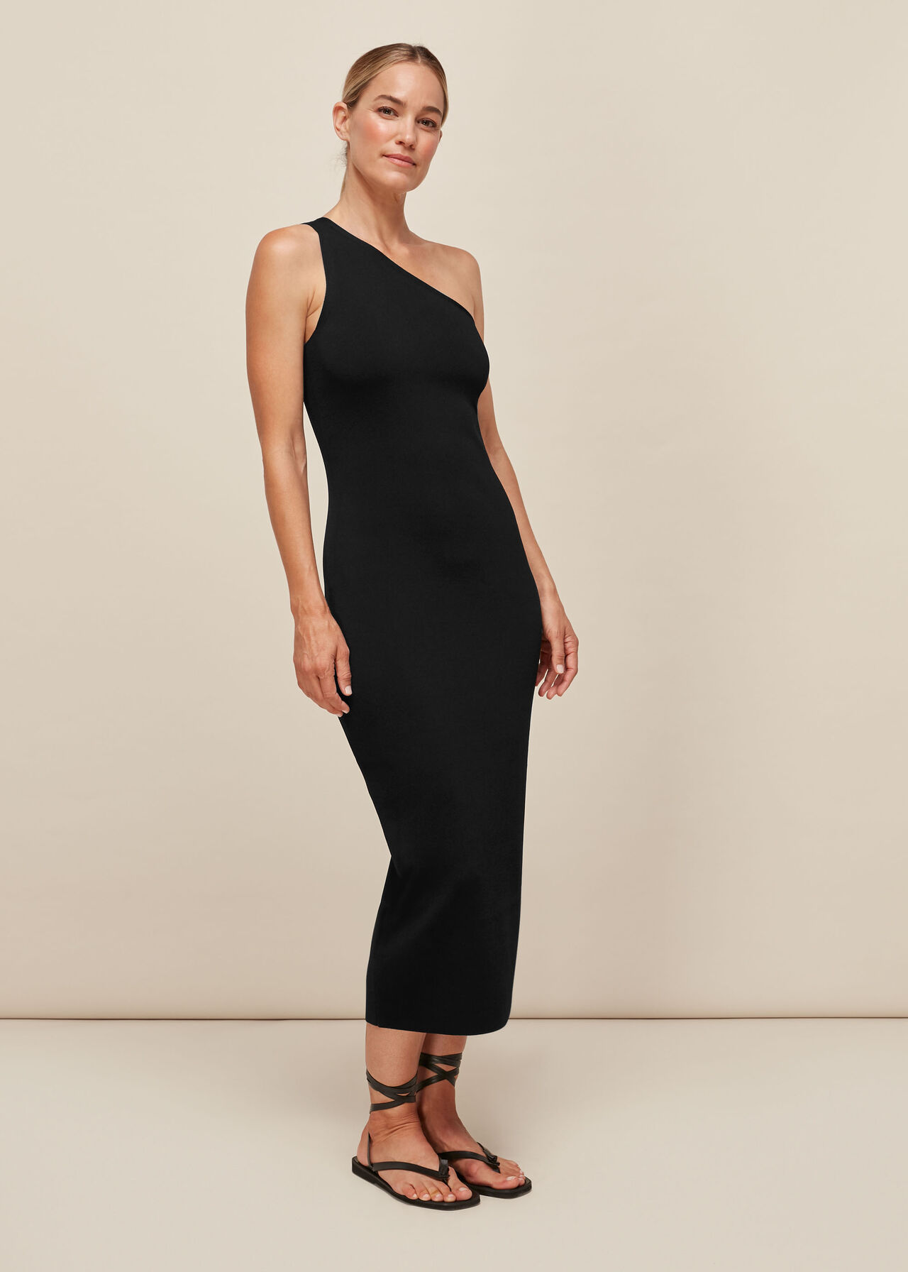 Black One Shoulder Midi Knit Dress WHISTLES