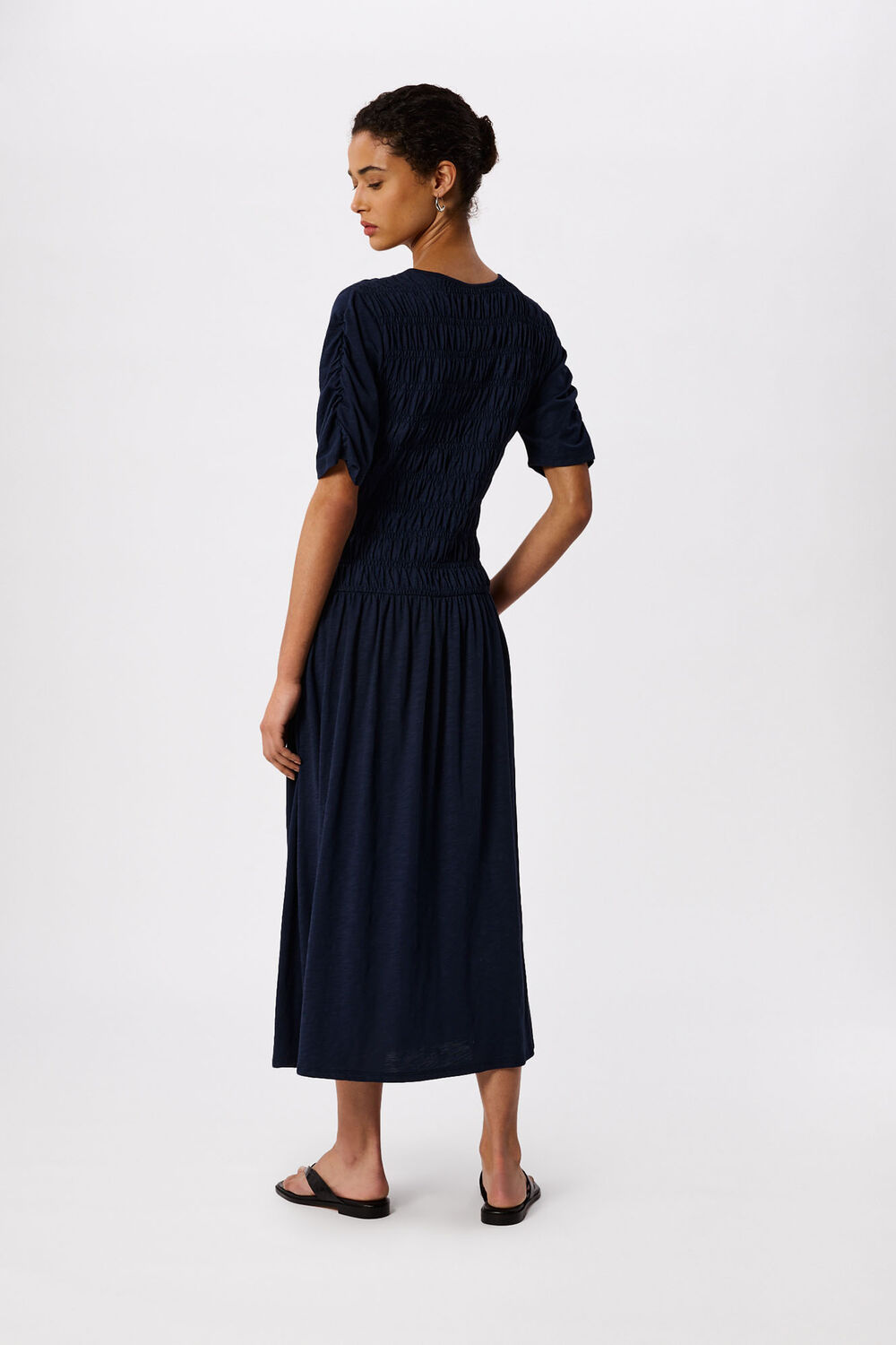 Navy Jersey Shirred Midi Dress