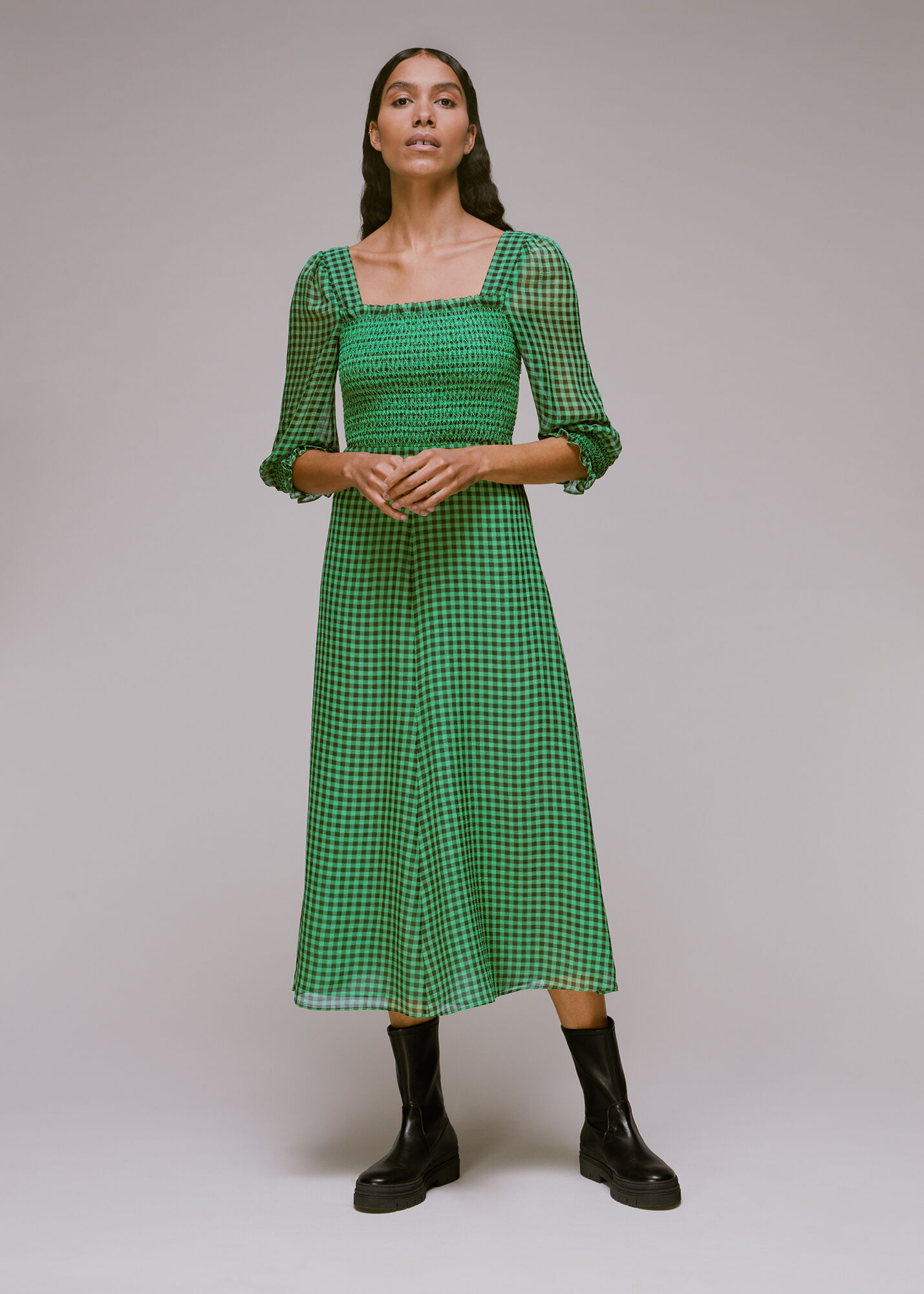 Green Multi Lottie Gingham Shirred Dress WHISTLES