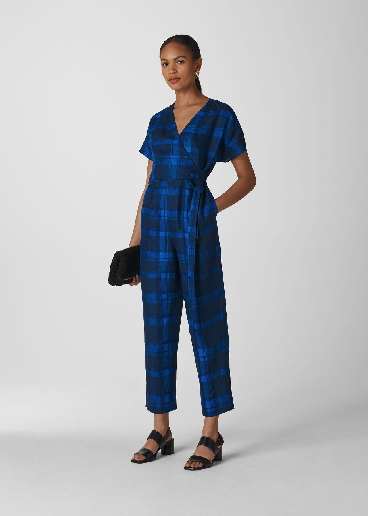 Check Wrap Linen Jumpsuit Blue/Multi