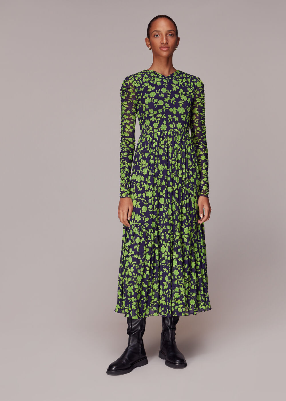 Green/Multi Linear Floral Mesh Dress WHISTLES Whistles UK