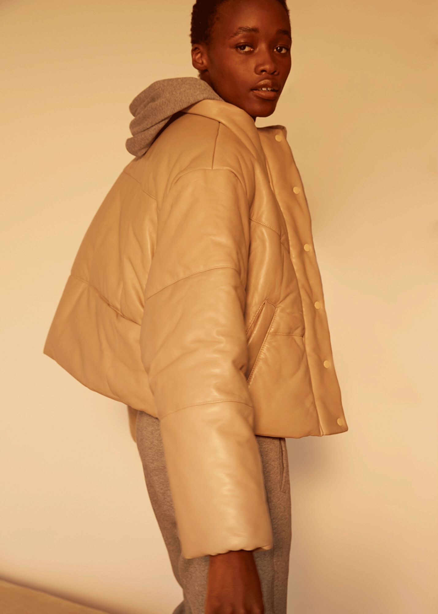 Taupe Yaz Leather Puffer Jacket WHISTLES Whistles UK