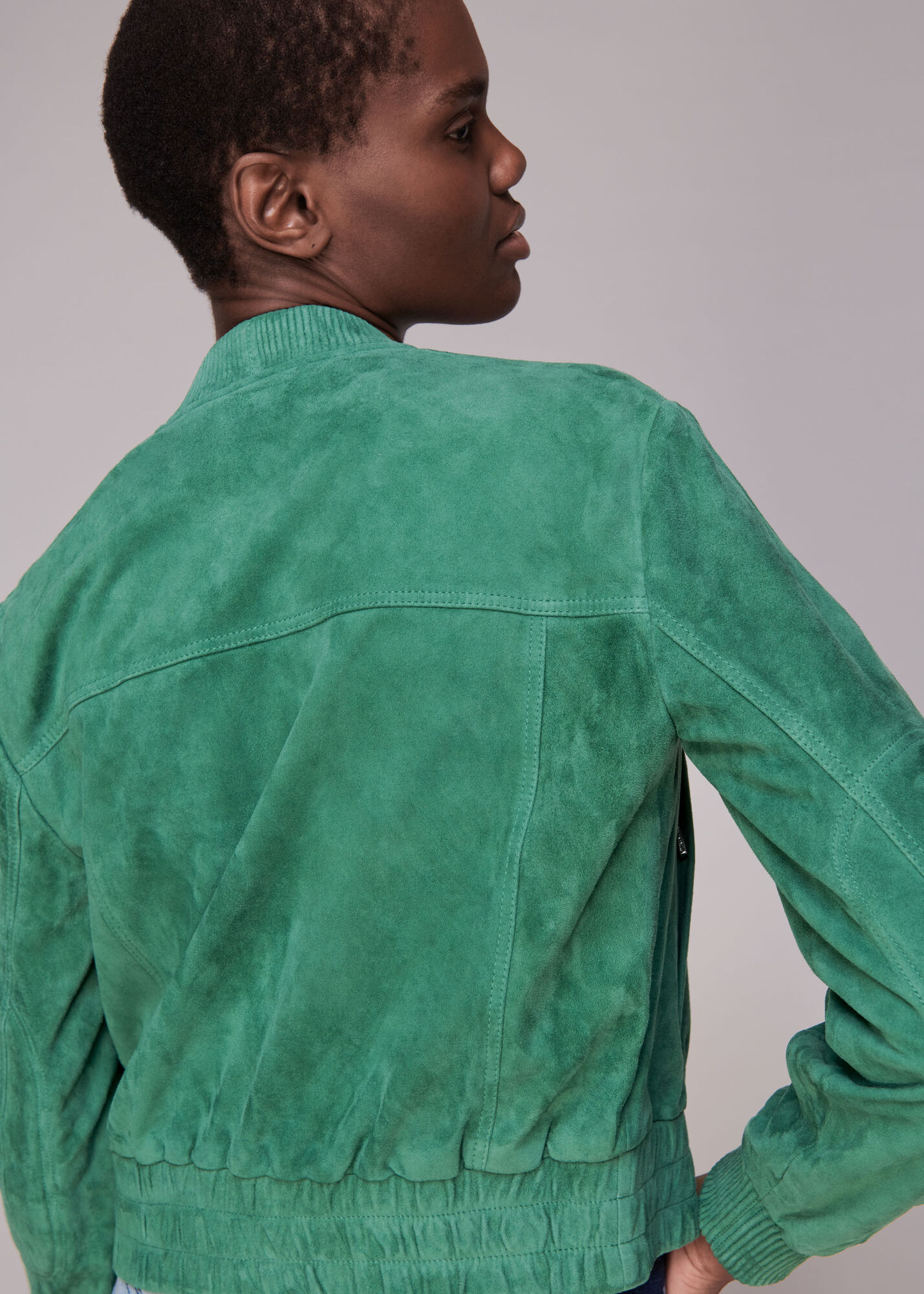 Green Cropped Suede Bomber Jacket WHISTLES