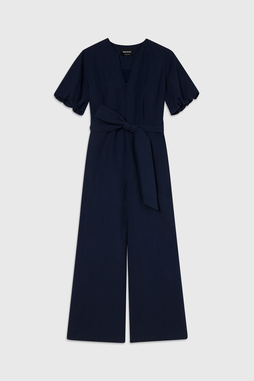 Navy Linen Blend Tie Waist Jumpsuit