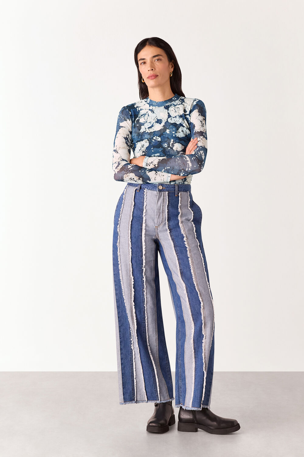 Blue Batik Marble Gathered Mesh Top