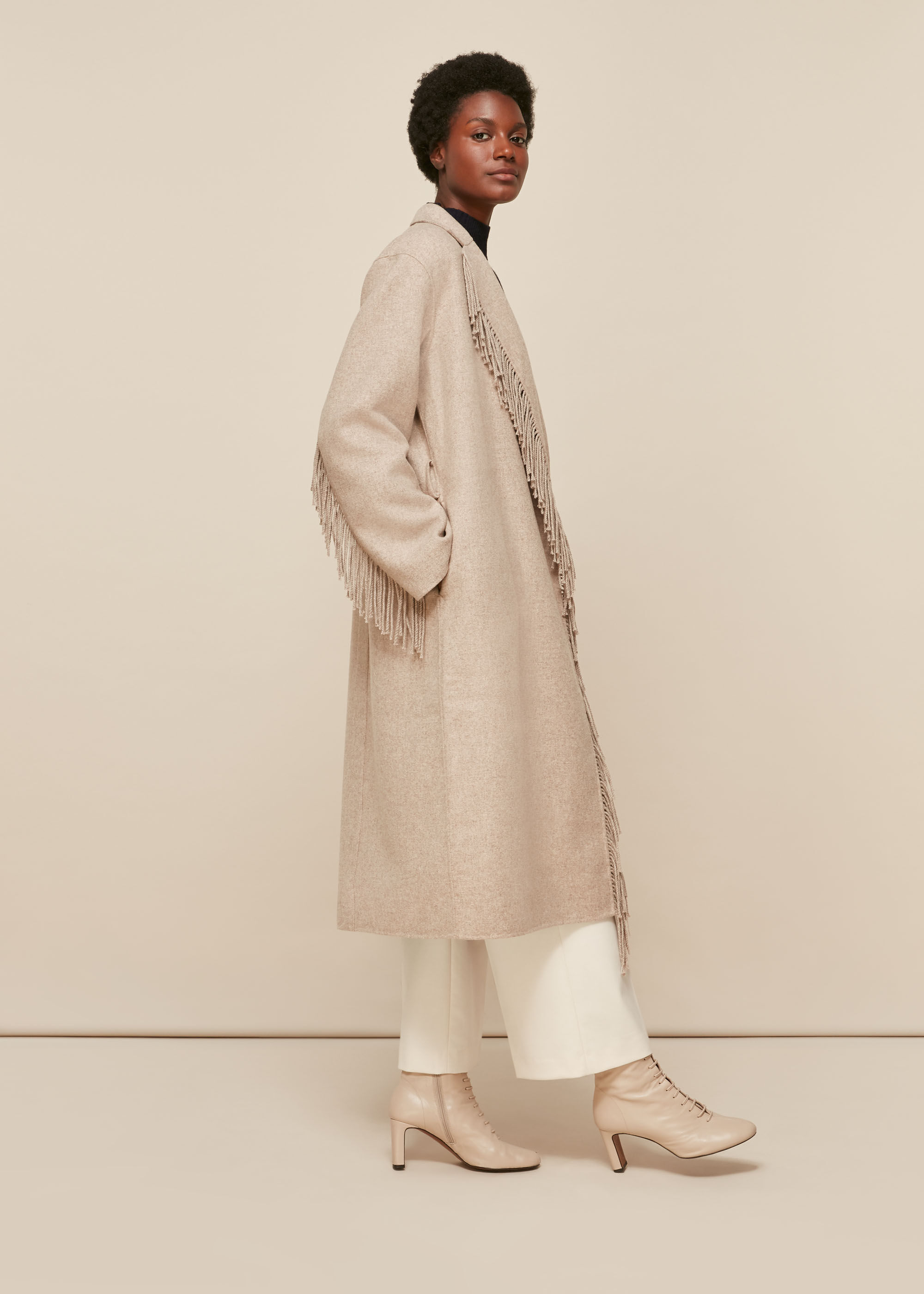 Neutral Fringe Detail Wrap Coat