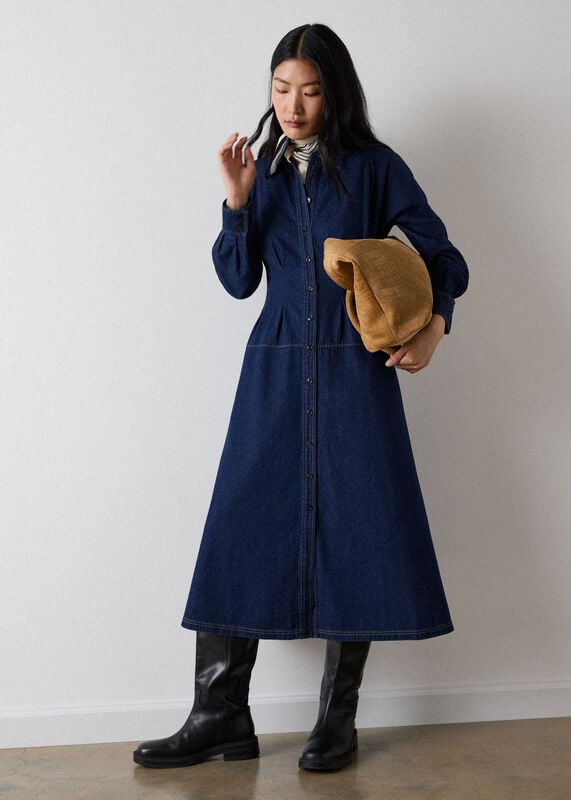 Dark Denim Waisted Midi Shirt Dress