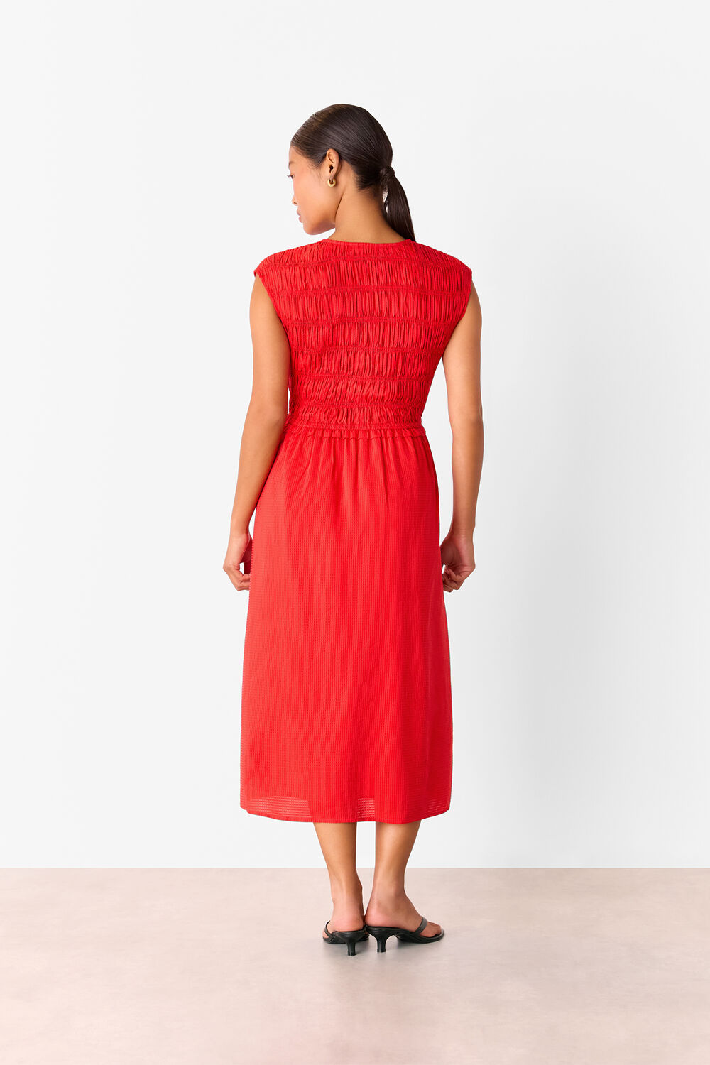 Red Petite Shirred Bodice V Neck Dress