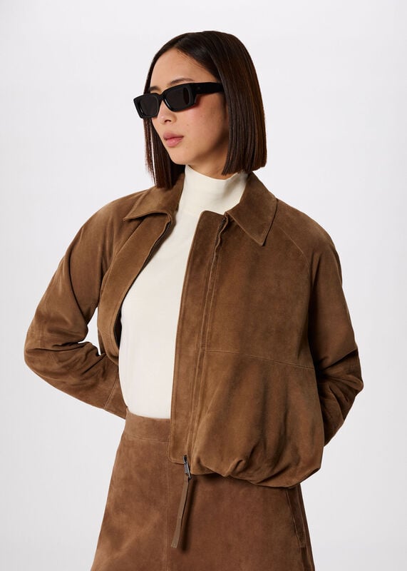 Taupe Gathered Suede Zip Jacket