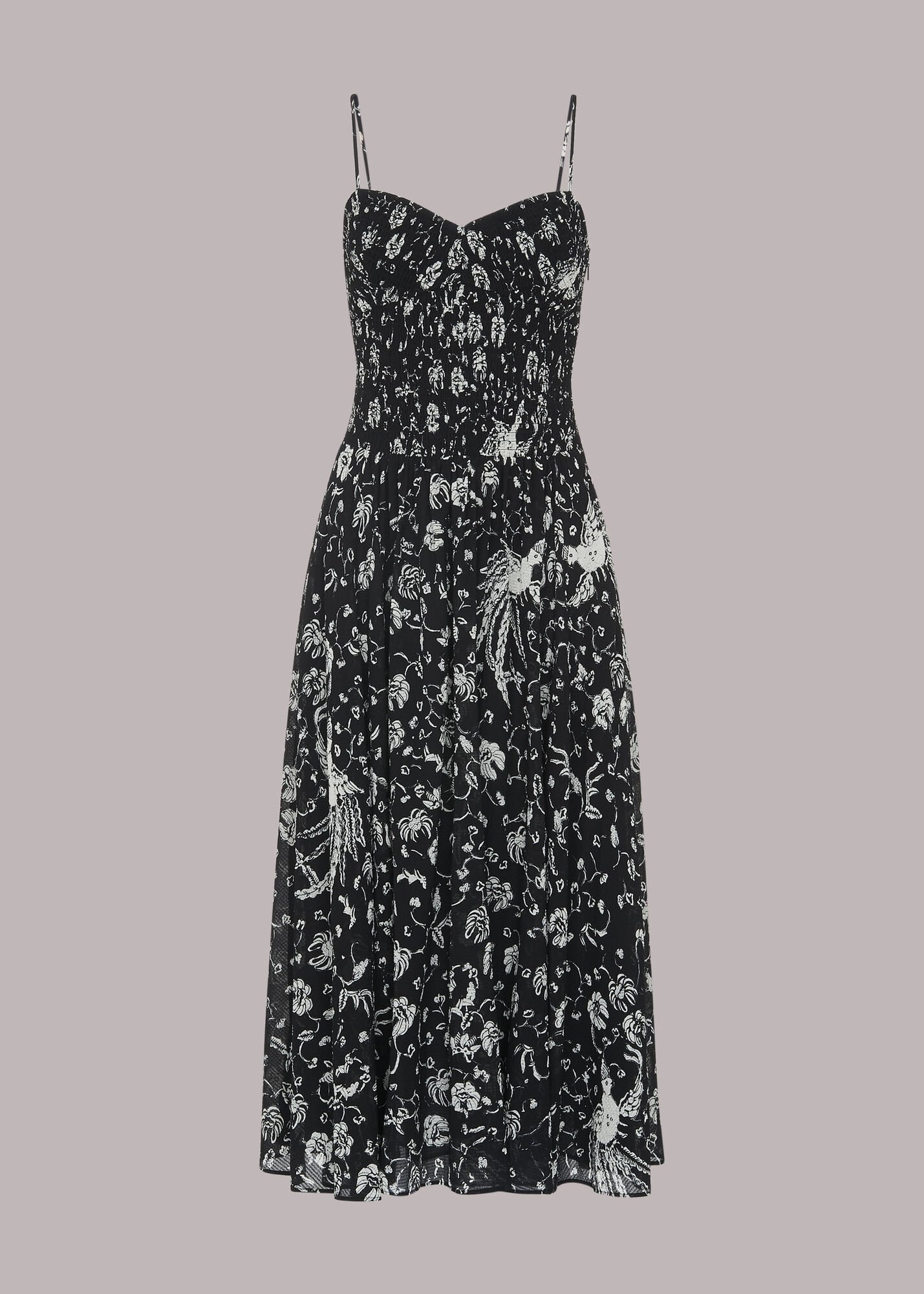 Black/Multi Amelie Bird Print Midi Dress | WHISTLES