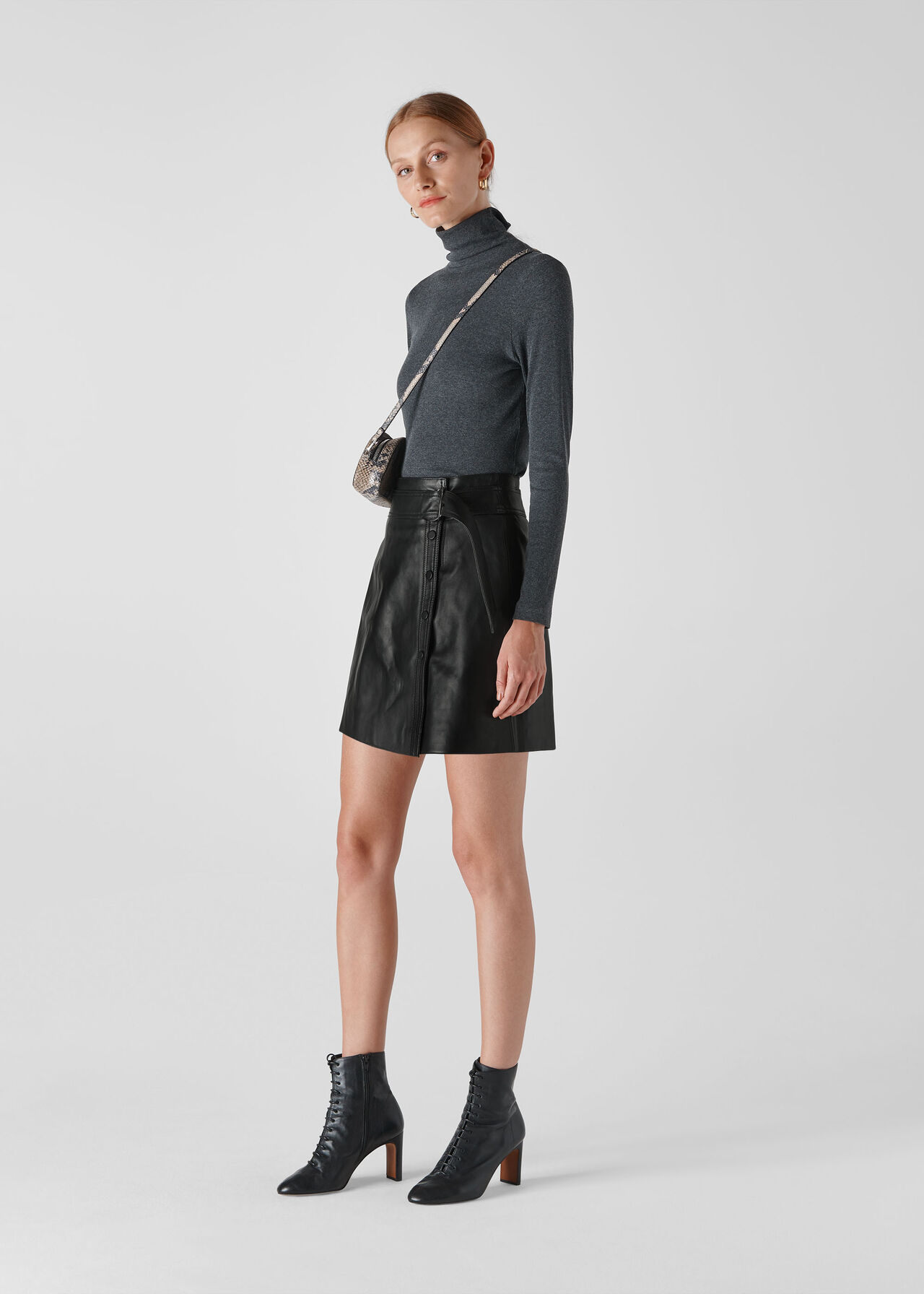 Tie Detail Leather Aline Skirt Black