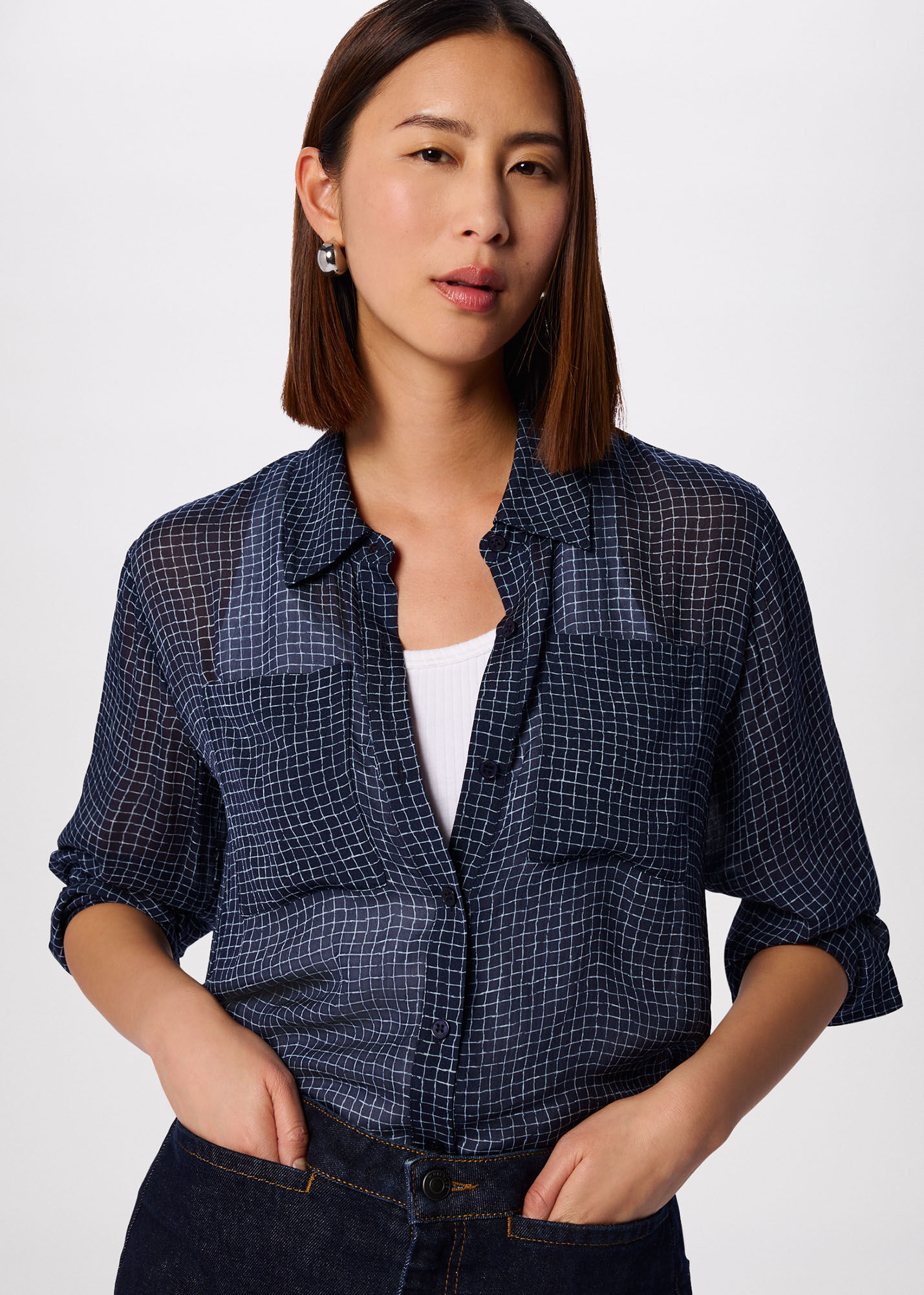 Navy/Multi Grid Print Sheer Shirt | WHISTLES | Whistles US |