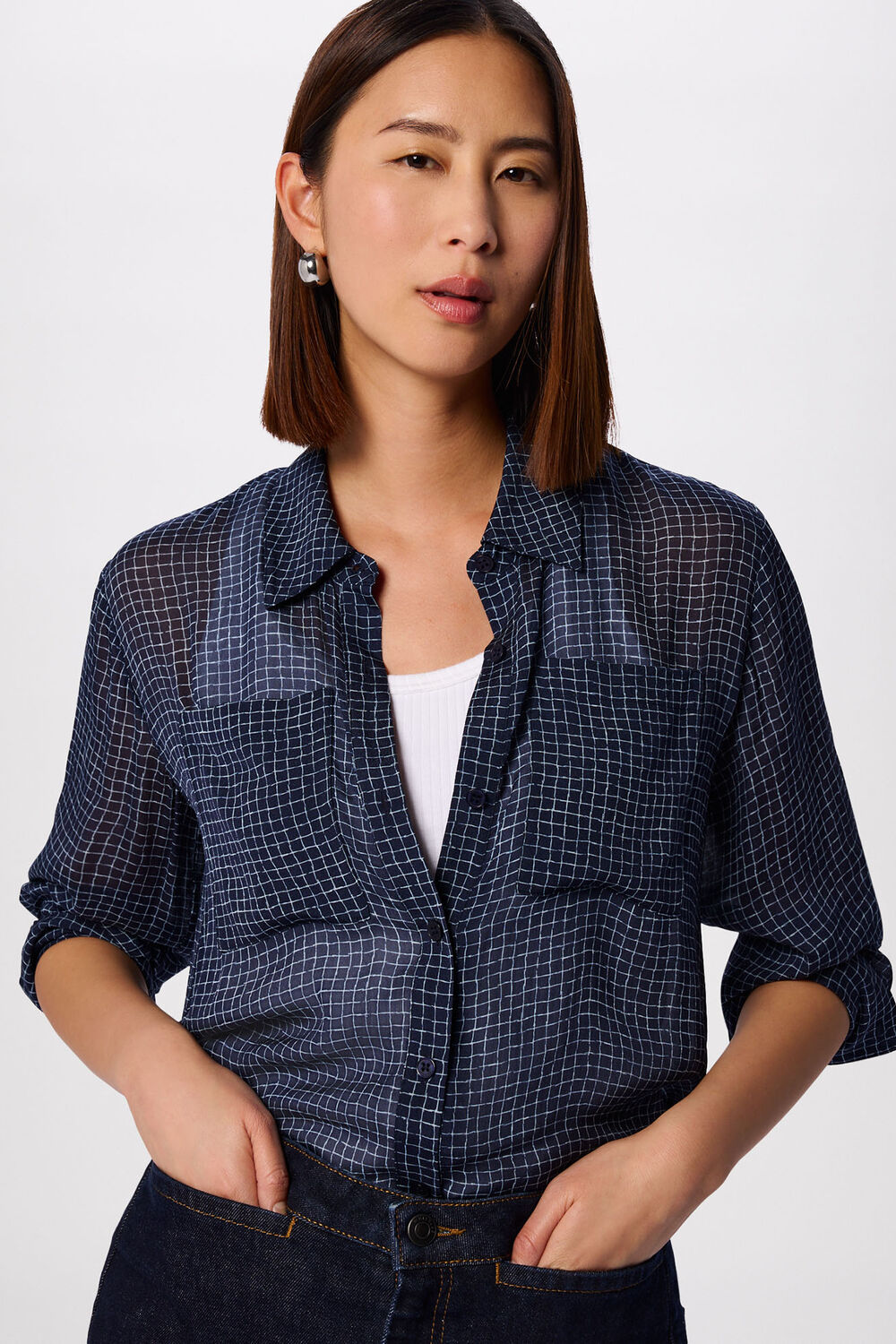 Navy Grid Print Sheer Shirt
