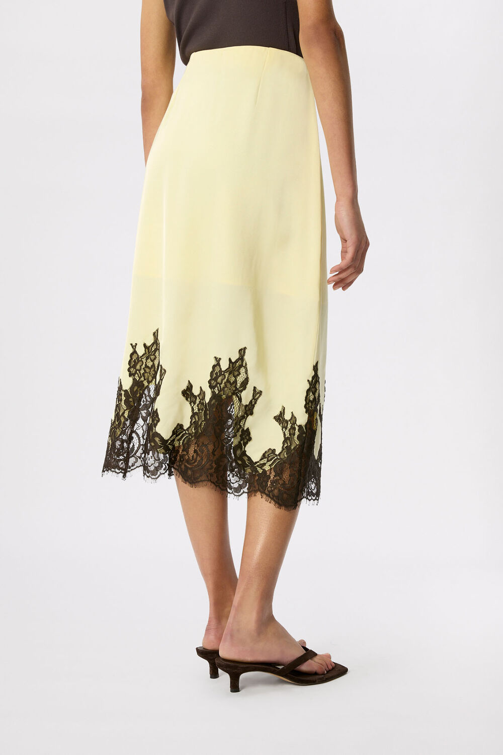Yellow Lace Hem Satin Midi Skirt