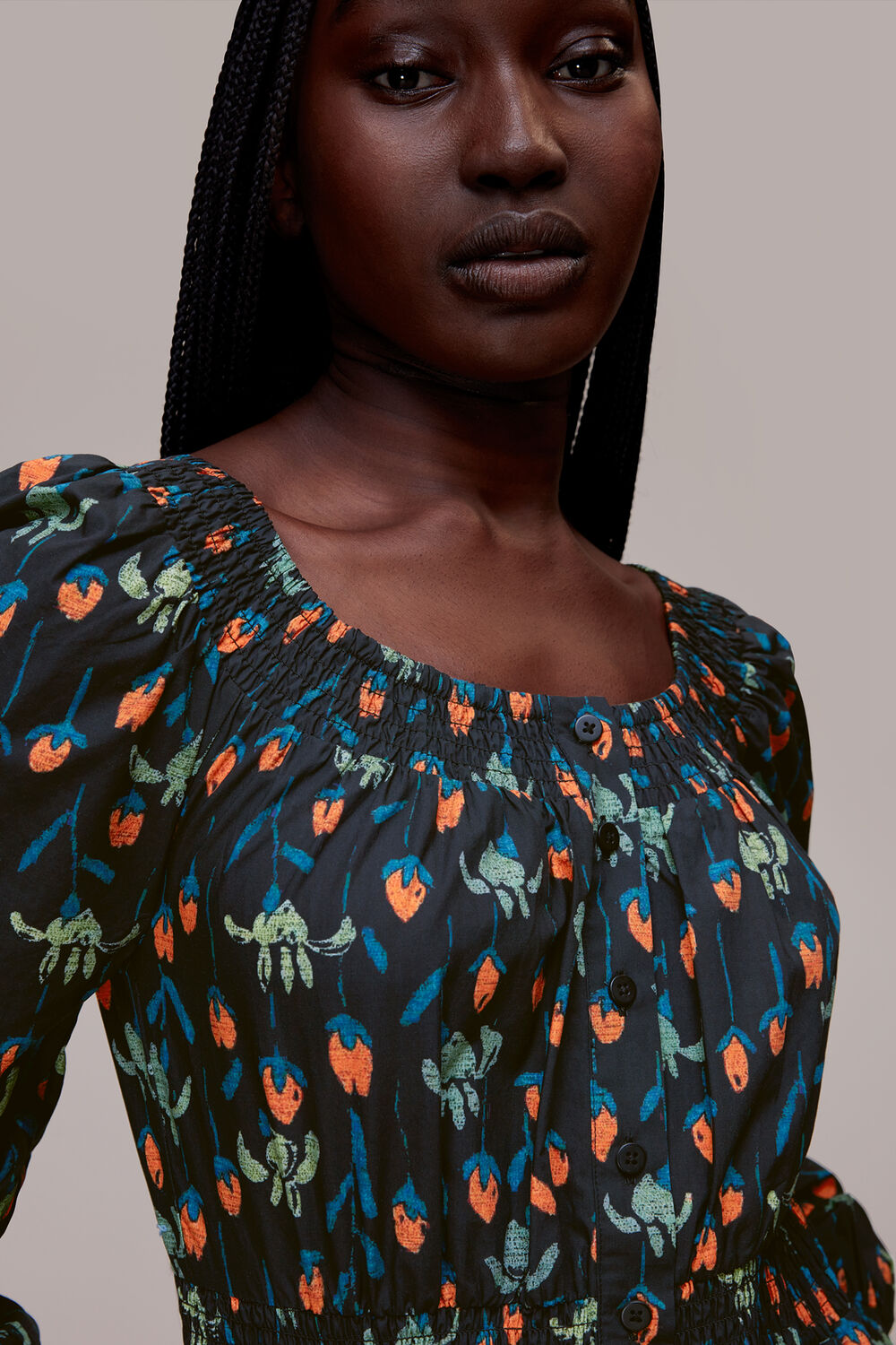 Black Tulips Print Poplin Midi Dress