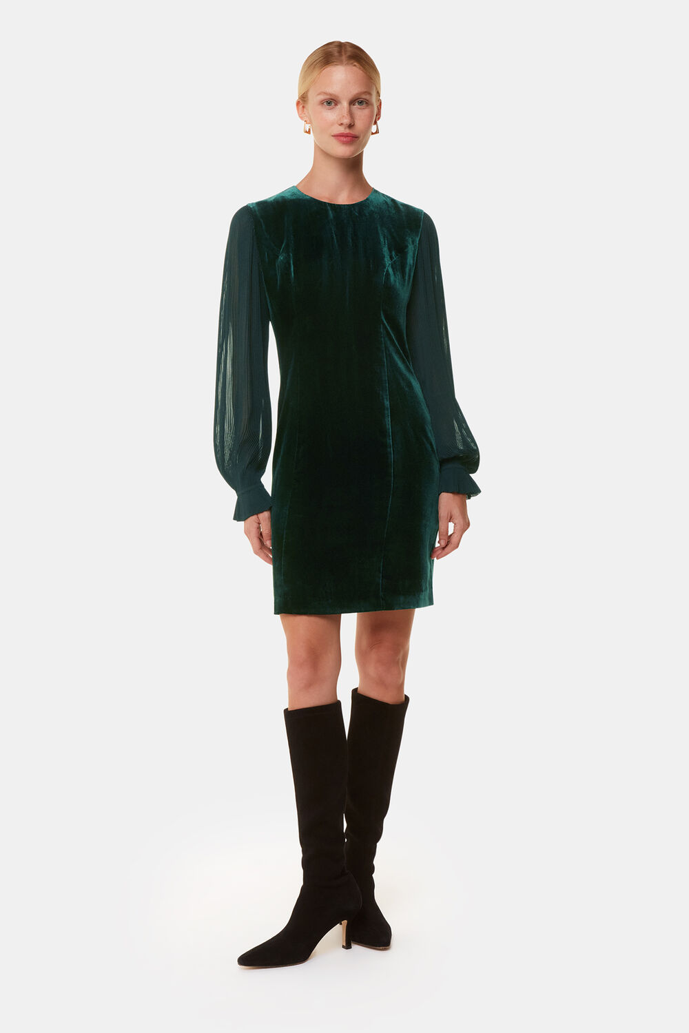 Dark Green Velvet Pleated Sleeve Dress