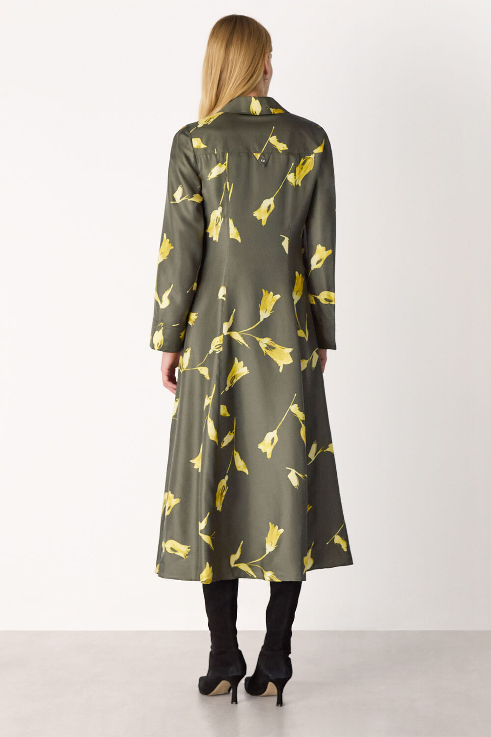 Green Floral Silk Shirt Midi Dress