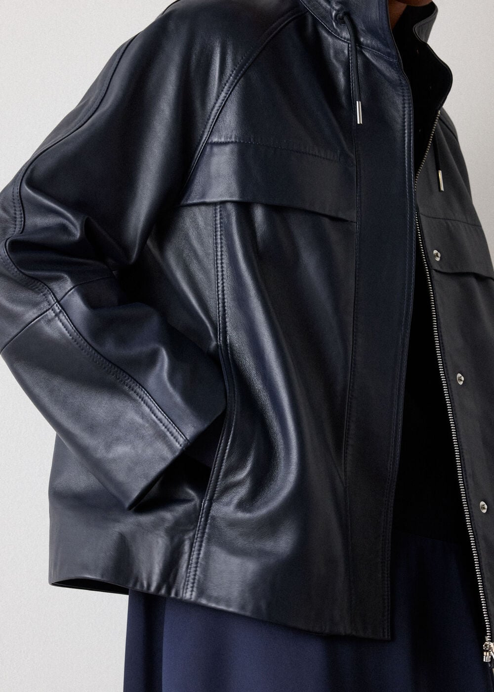 Navy Leather Funnel Neck Anorak