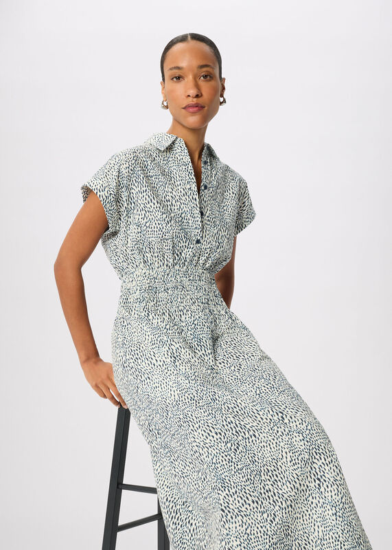 Navy Petite Flecked Animal Collared Dress