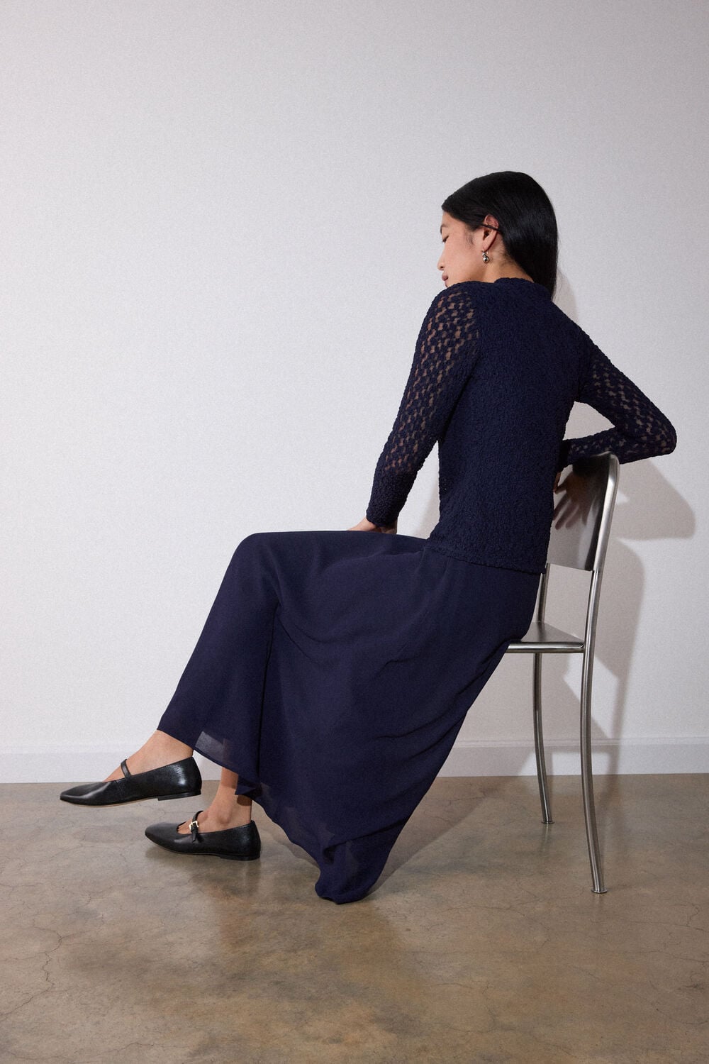 Navy Textured Drop Waist Midi Dress