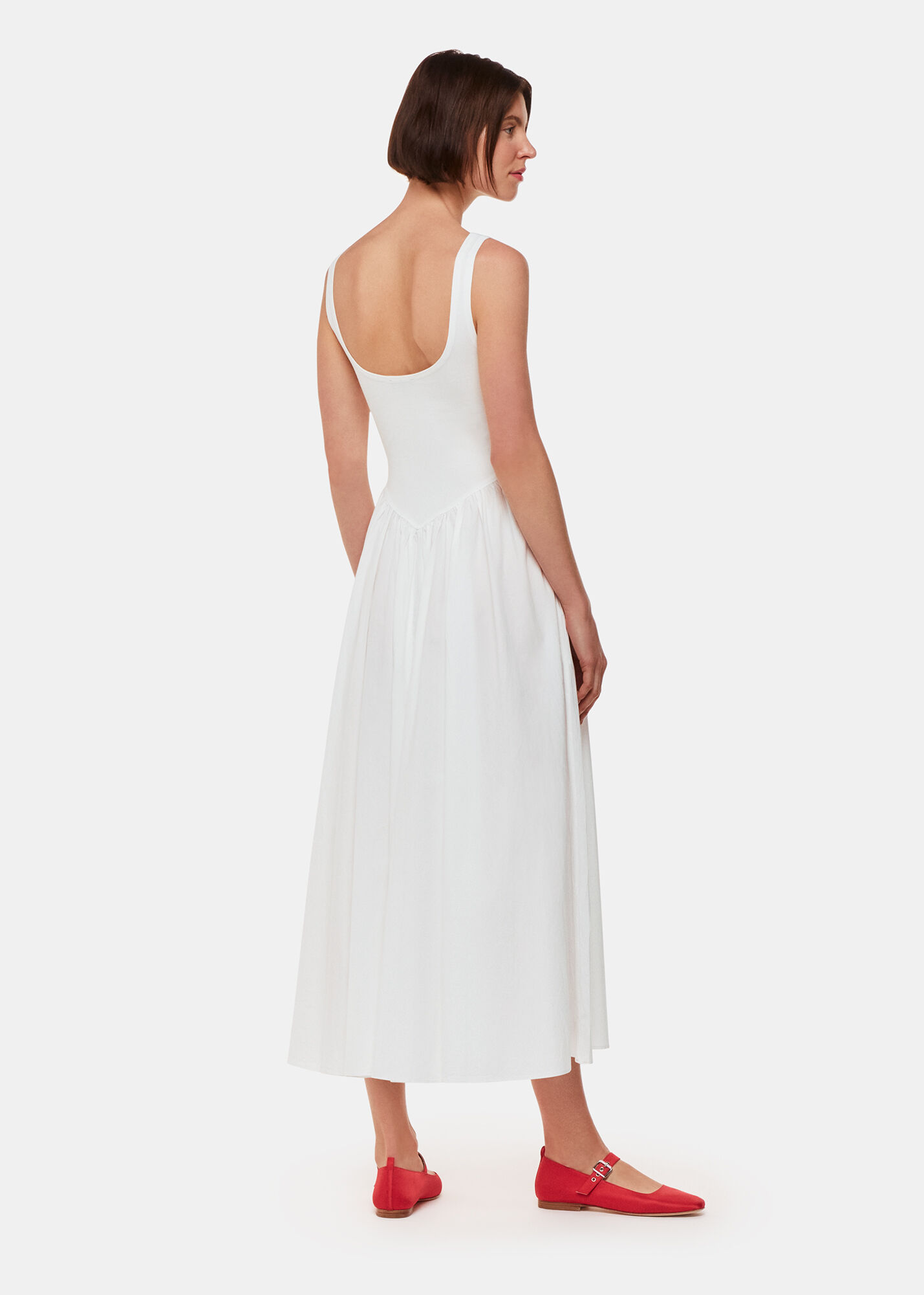 White Poplin Cotton Mix Midi Dress | WHISTLES | Whistles US |