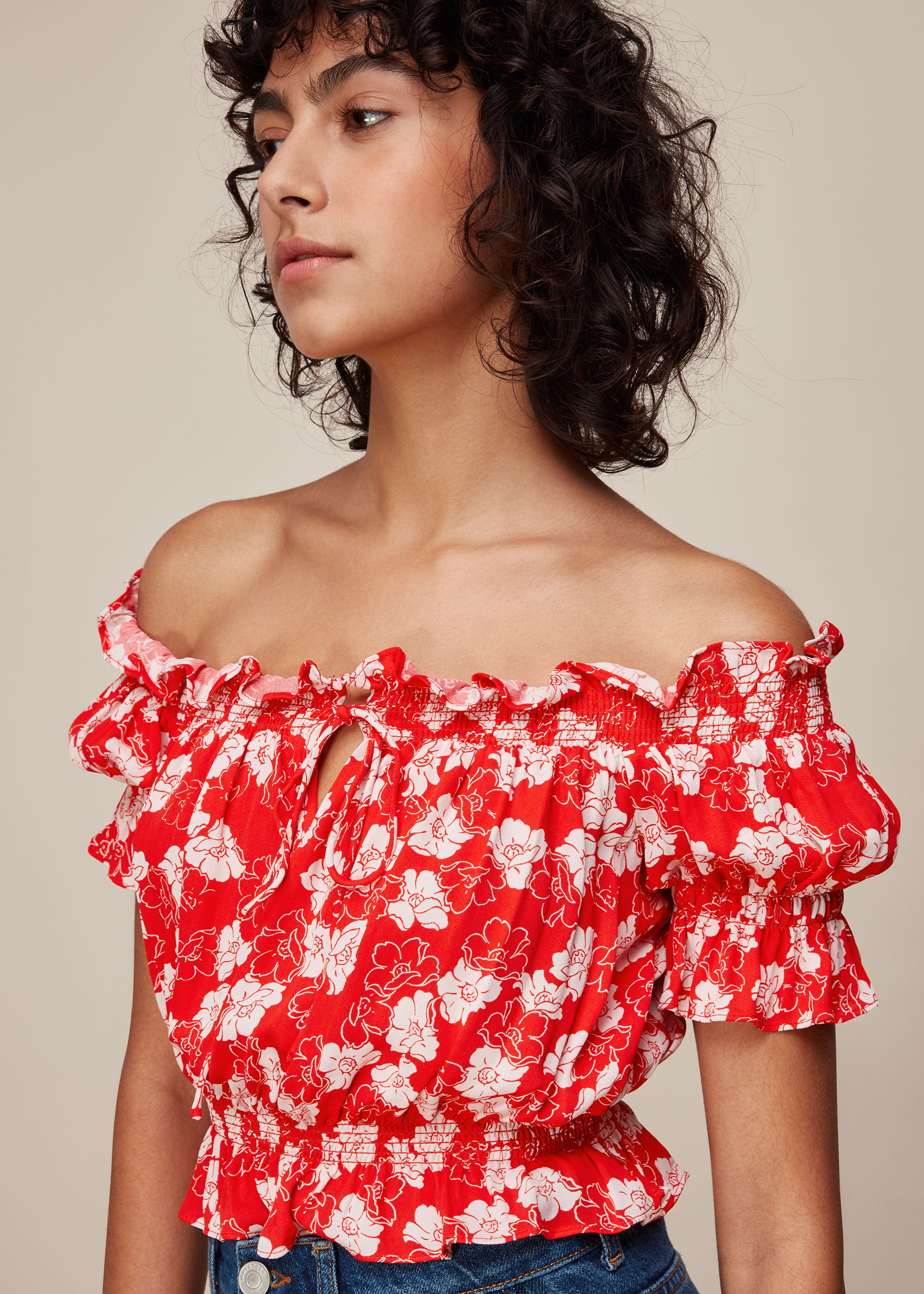 Red floral bardot top discount