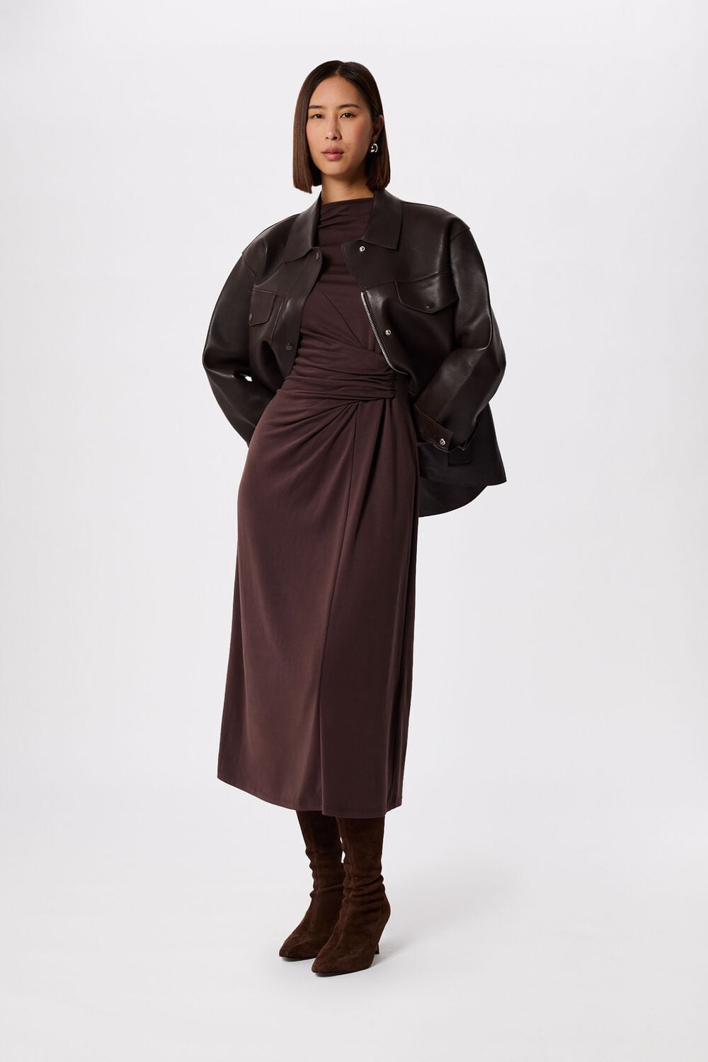 Chocolate Petite Ruched Detail Midi Dress