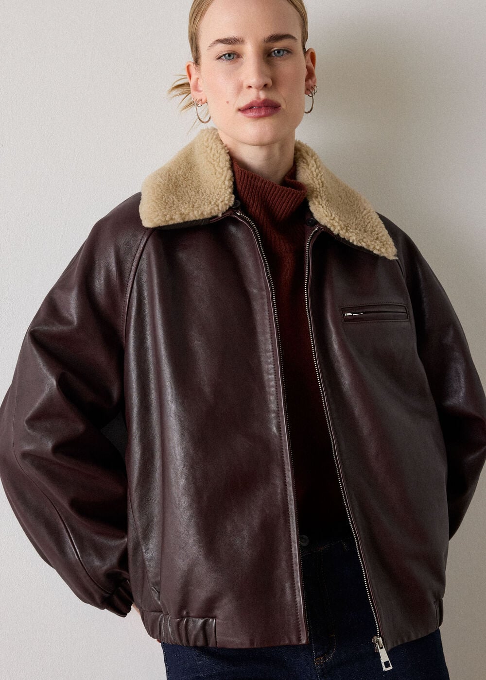 Burgundy Shearling Trim Leather Bomber