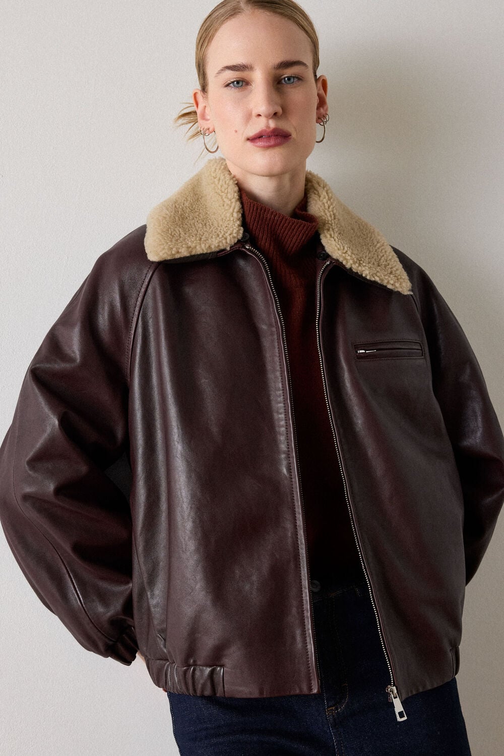 Shearling Trim Leather Bomber